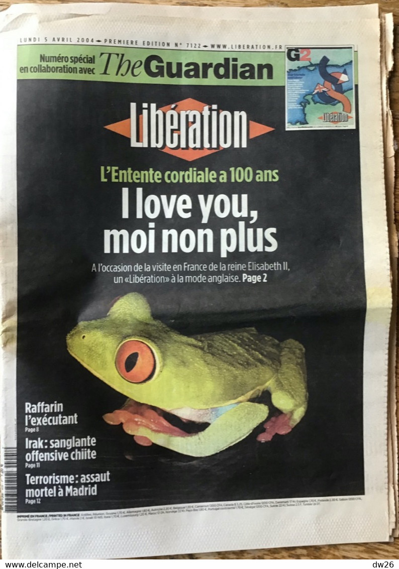 Journal Libération, Lundi 4 Avril 2004, N° 7122, I Love You, Moi Non Plus (L'Entente Cordiale à 100 Ans)  The Guardian - 1950 à Nos Jours