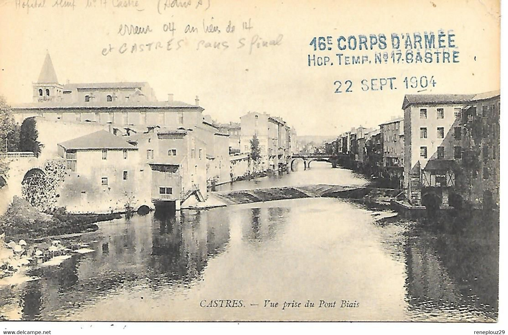 81-cachet Hôpital Temp. N°17 à Castres Sur CP En 1914-erreurs Sur Cachet:Castre Sans S Et 1904 Au Lieu De 1914 - 1. Weltkrieg 1914-1918