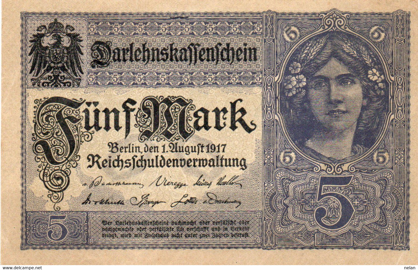 GERMANY- 5 MARK 1917  P-56a.1 Aunc - 5 Mark