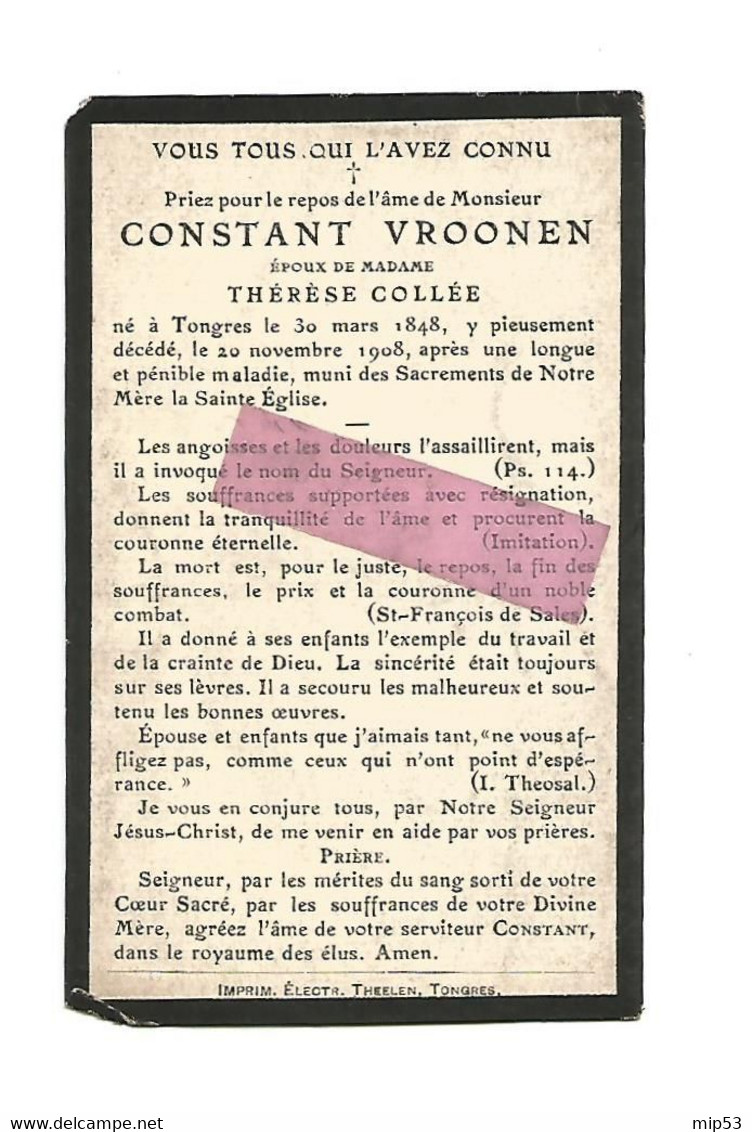 DD 554. CONSRANT VROONEN époux De T. Collée - TONGRES (TONGEREN) 1848 / 1908 - Images Religieuses