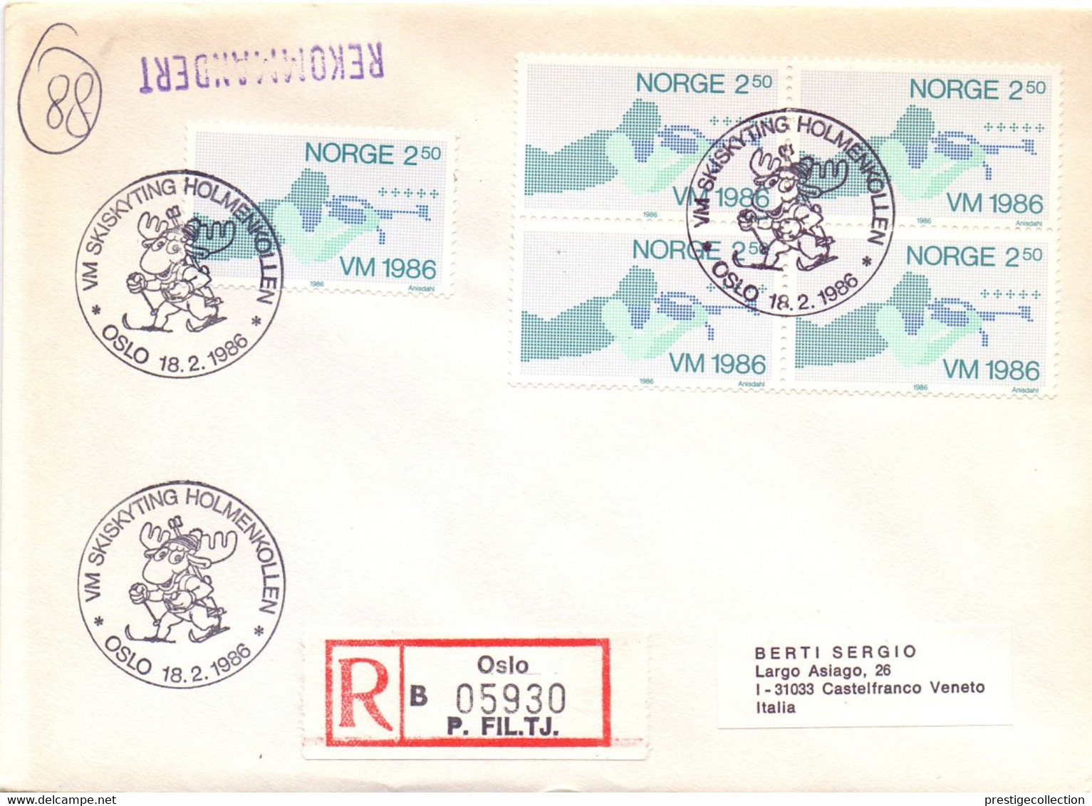 NORGE 1986  REGISTRED MAIL COVER SKISKYTING HOLMENKOLLEN OSLO  SHOTTING     (GEN210213) - Tiro (armas)