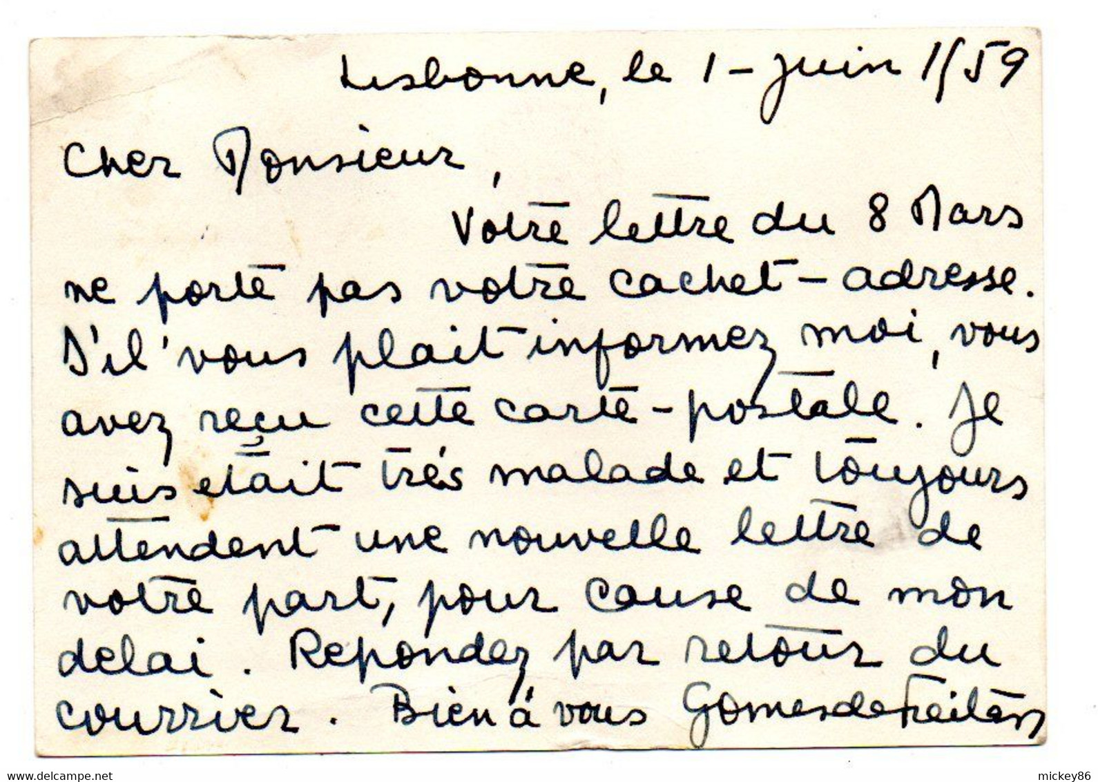 Portugal -- 1959--CP De MOSCAVIDE Pour St DENIS (France)....timbre Seul Sur Document..cachet - Brieven En Documenten