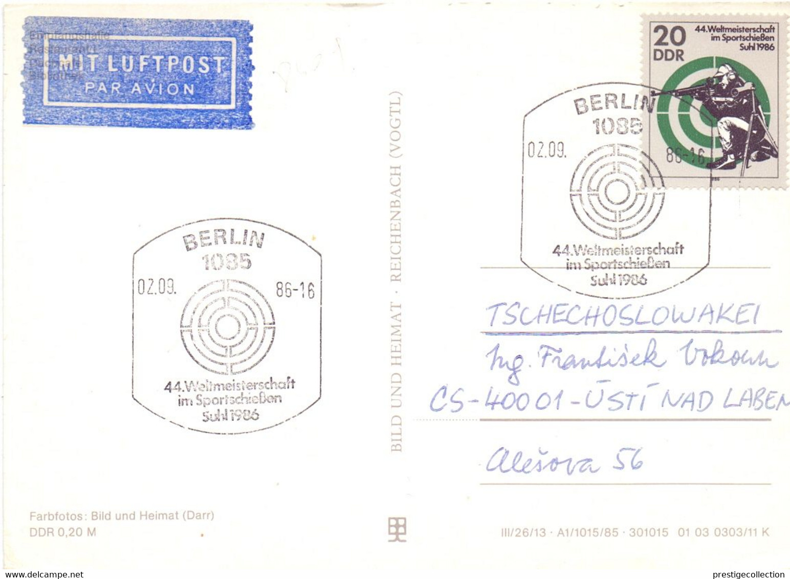 BERLIN AIR MAIL HUNTING SPECIAL POSTMARK 1986 POST CARD   (GEN210218) - Tiro (armas)