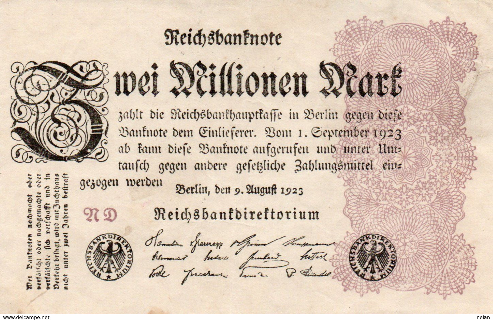 GERMANY-2 MILLIONEN MARK 1923  P-104b  Circ QAUNC   UNIFACE - 2 Millionen Mark