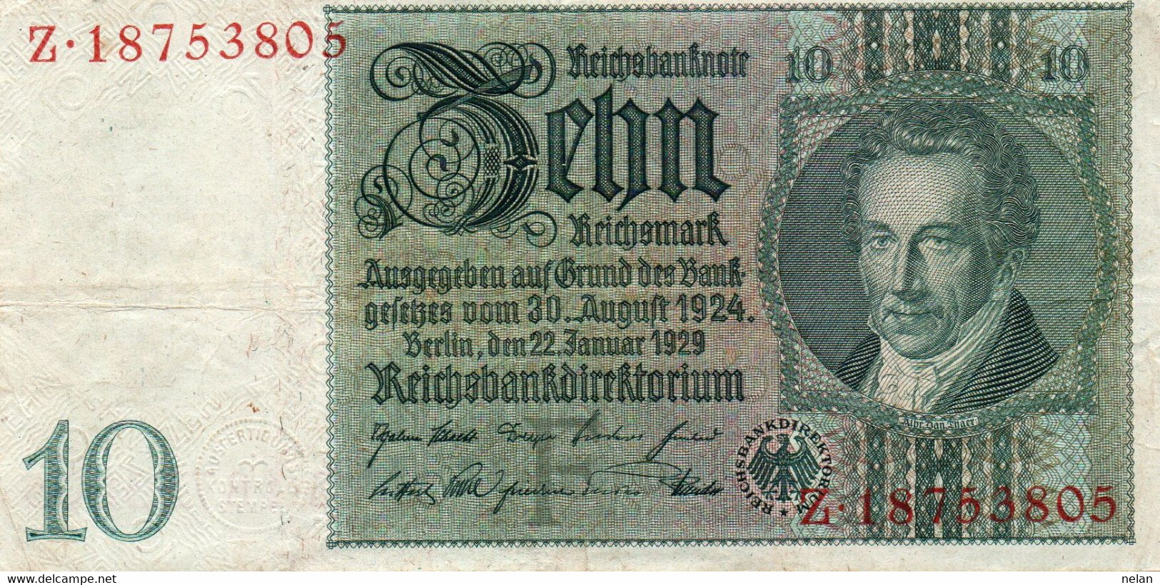 GERMANY- 10 MARK 1929  P-180a1  Circ. Z 18753805 - 10 Mark