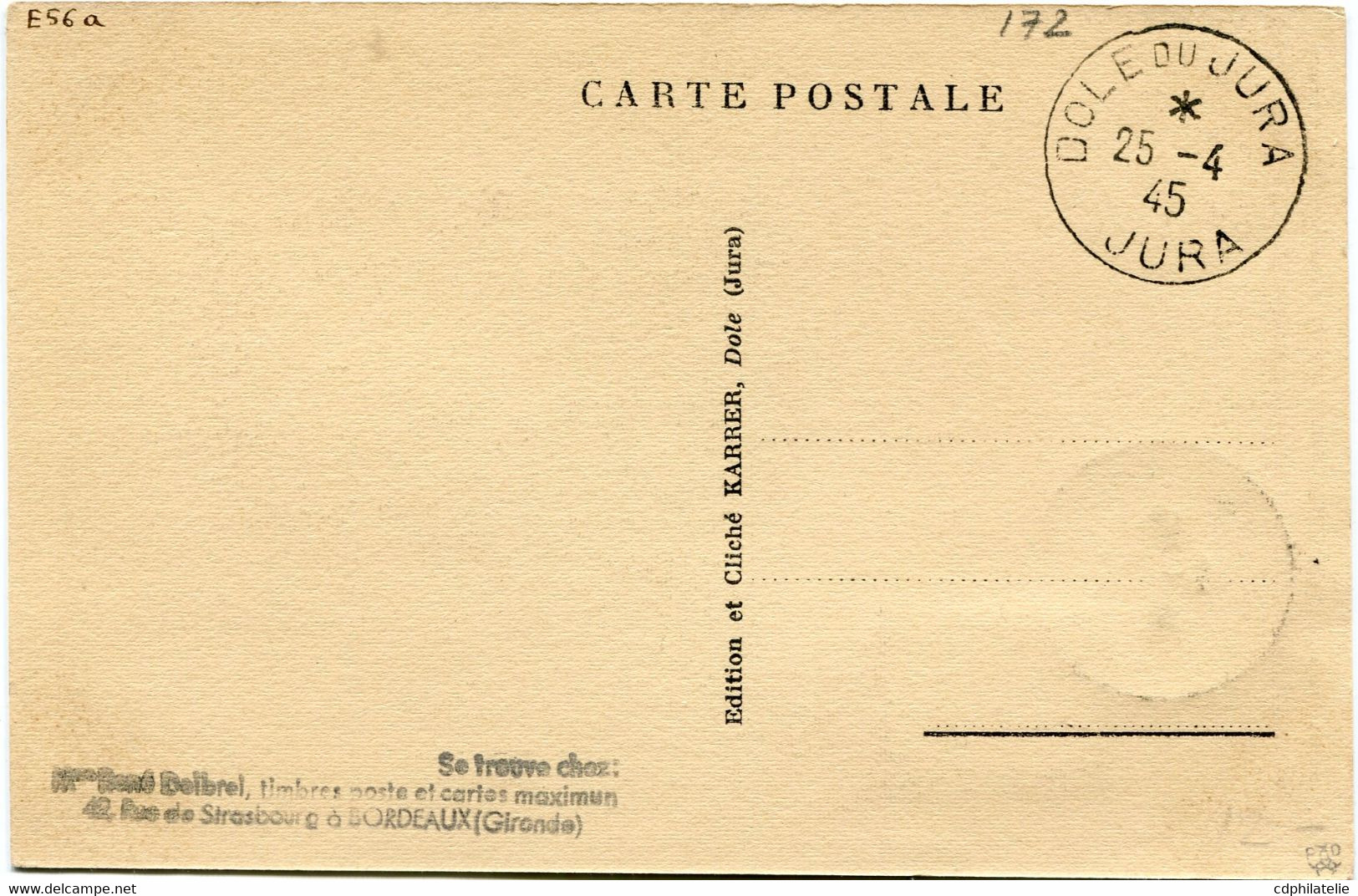 FRANCE CARTE POSTALE -LOUIS PASTEUR NE A DOLE (JURA) 1822-1895 AVEC OBLITERATION DOLE DU JURA 25-4-45 JURA - Louis Pasteur