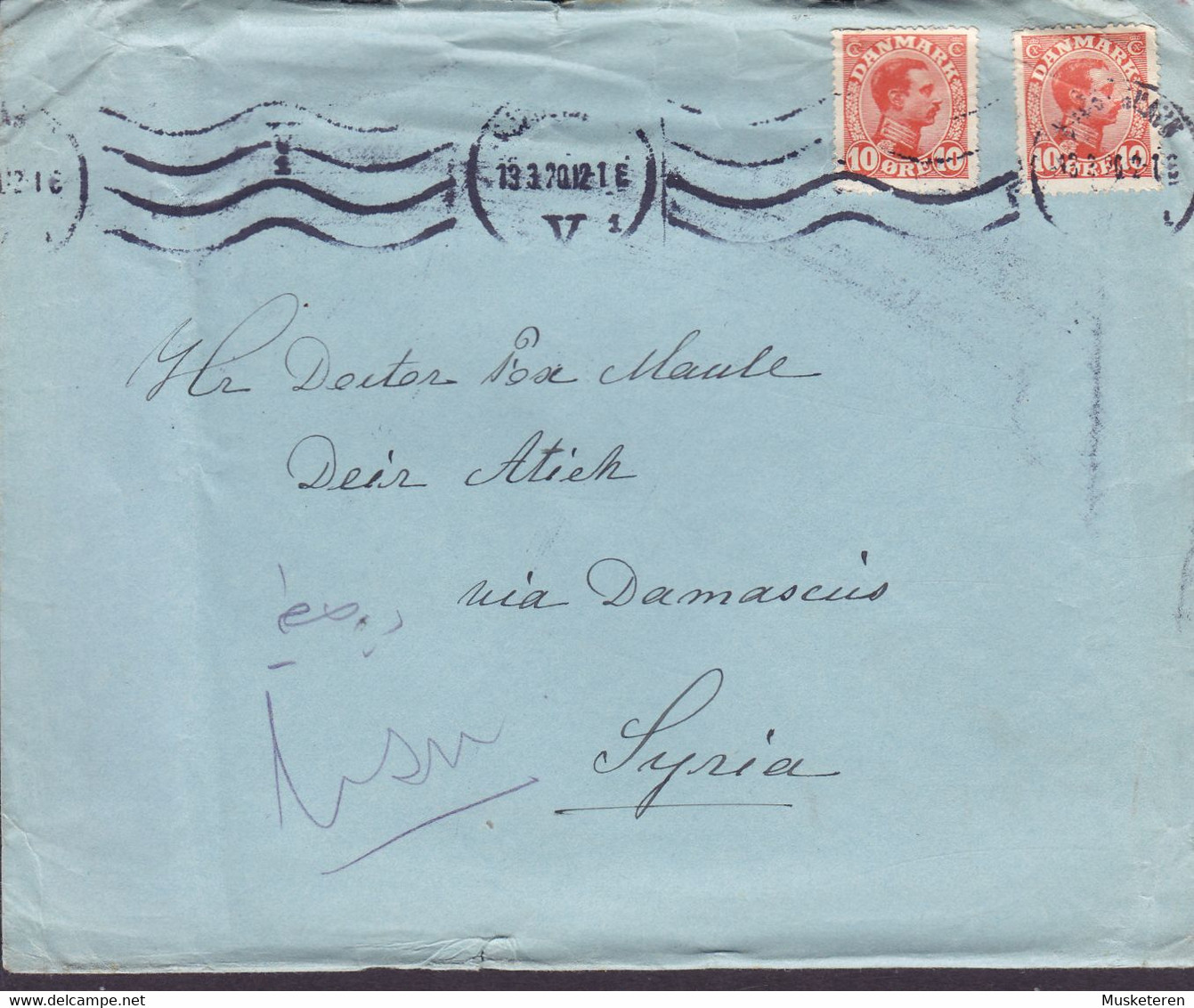 Denmark TMS Cds. 'KJØBENHAVN V. 1.' 1920 DEIR ATIEK Via DAMASCUS Syria ERROR Variety 'Ø.R.E' ' White Spots, SCARCE !! - Variedades Y Curiosidades