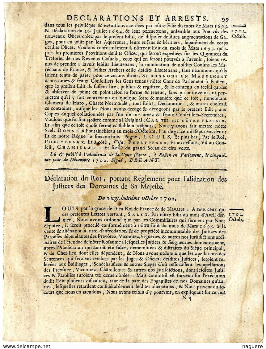 DECLARATIONS ET ARRETS  DU ROI  PORTANT REGLEMENT POUR L ALIENATION DES JUSTICES DES DOMAINES DE SA MAJESTE 1702 4 PAGES - Décrets & Lois