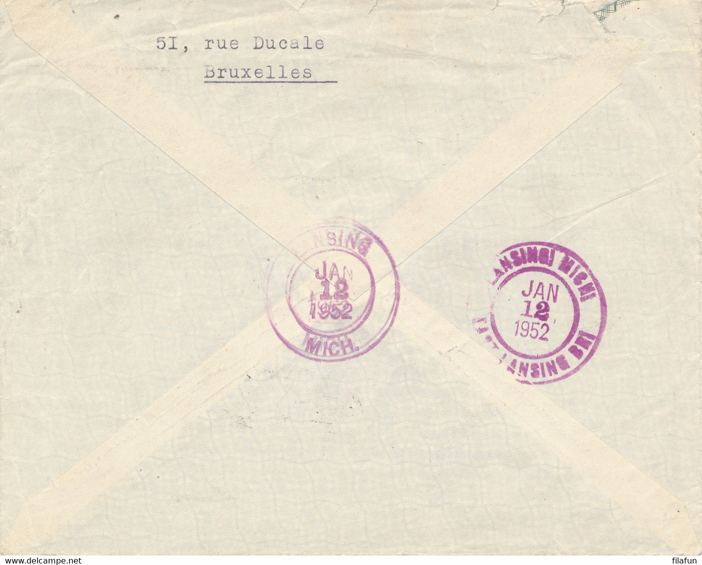 België - 1952 - 10 & 4F Leopold III Op R-cover Van Brussel Naar East Lansing / USA - Storia Postale