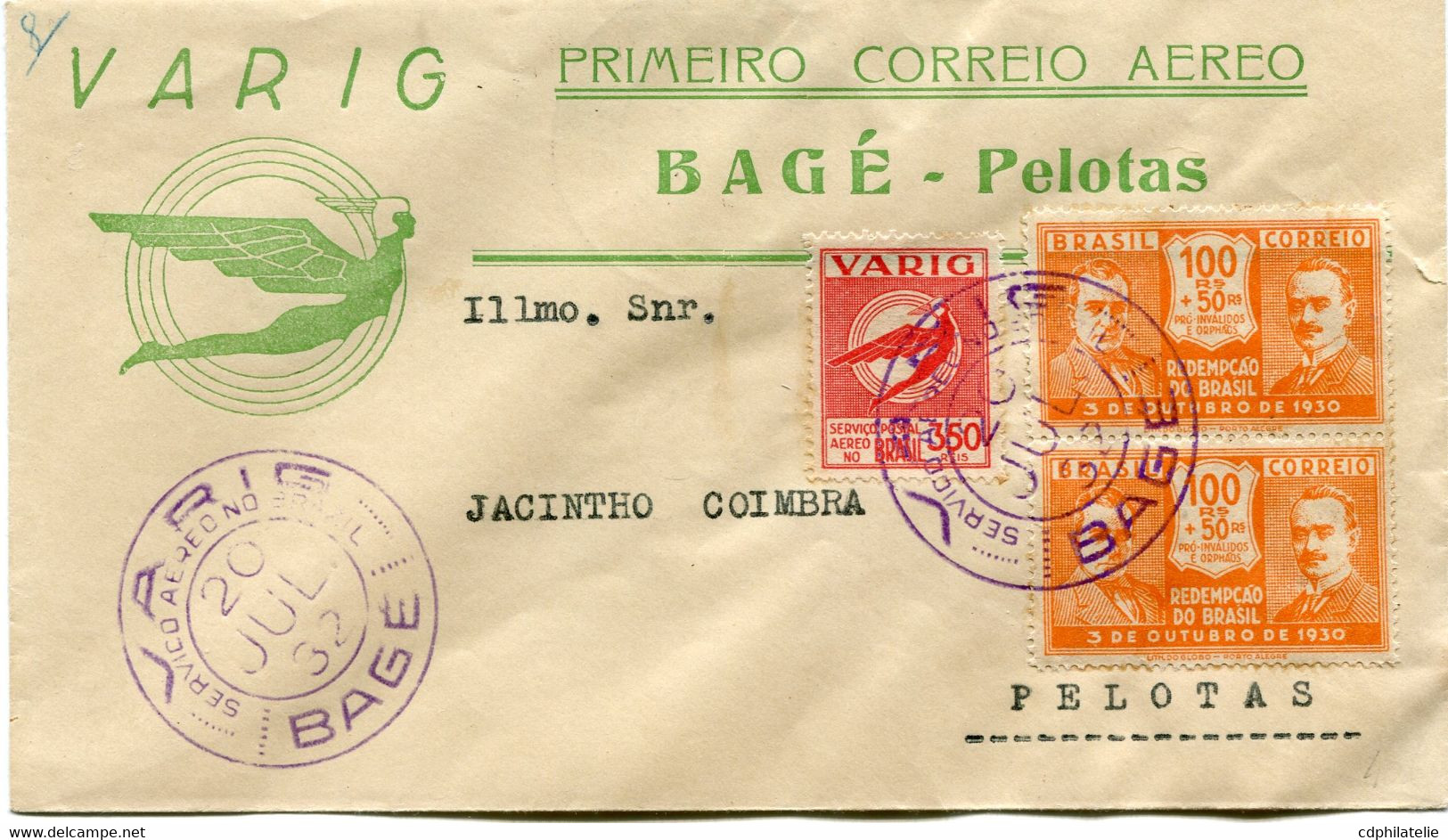 BRESIL LETTRE A ENTETE DE LA VARIG PRIMEIRO CORREIO AEREO BAGE - PELOTAS DEPART BAGE 20 JUL 32 POUR LE BRESIL - Posta Aerea (società Private)