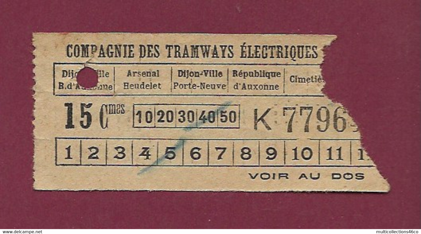 260121 TICKET CHEMIN DE FER TRAM METRO - TRAMWAYS ELECTRIQUES DIJON 15 Cmes K7796 - Europe