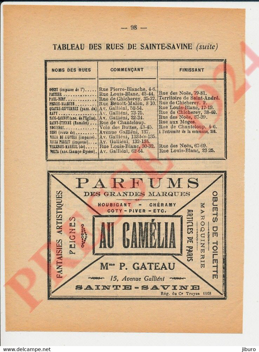 Publicité 1924 Au Camélia P. Gateau 15 Avenue Galliéni Sainte-Savine 10 Aube Parfum Houbigant Chéramy Coty Piver 241/25 - Sin Clasificación