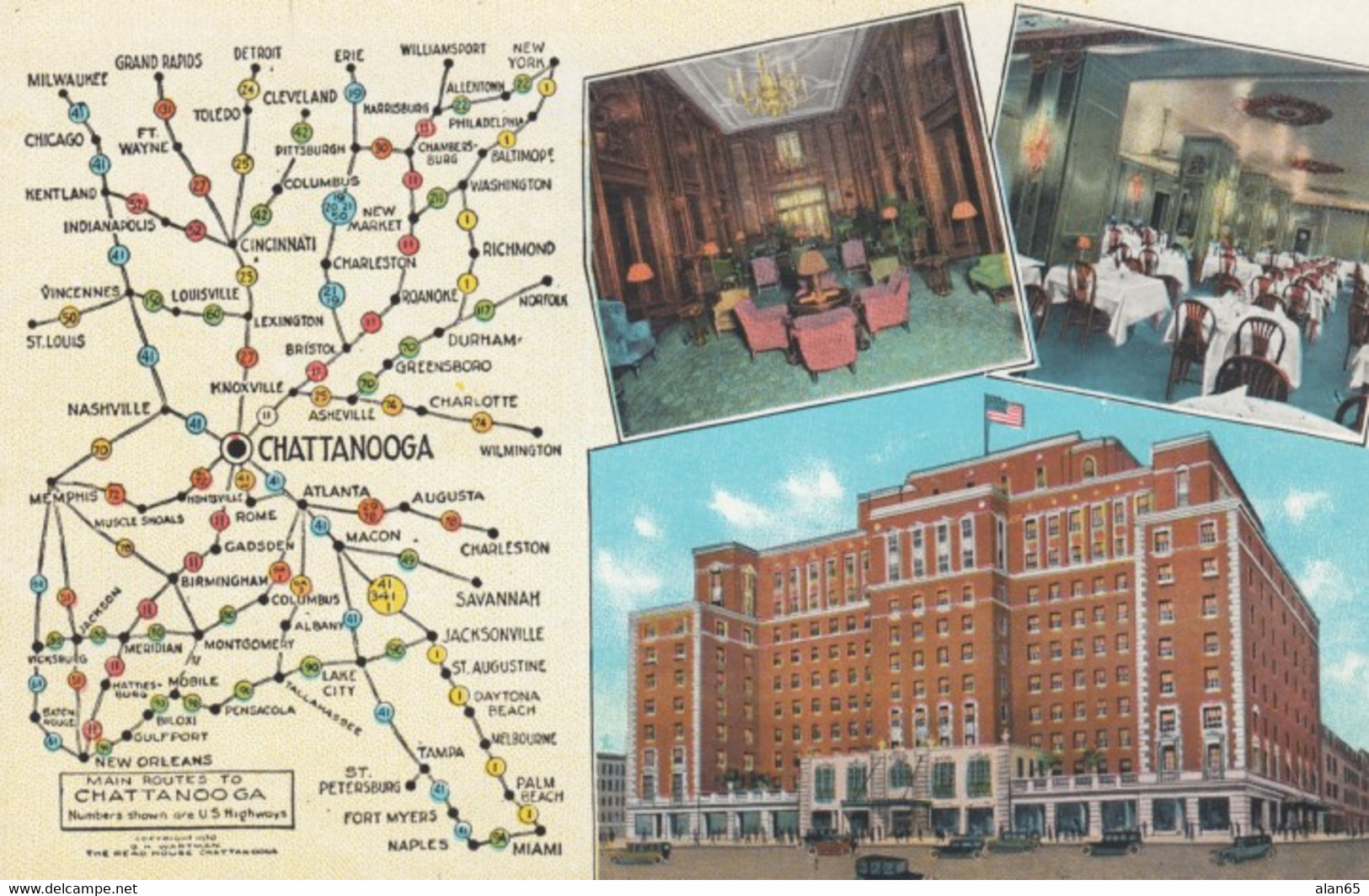 Chattanooga Tennessee, Read House Lodging, Map Of Area, C1920s/30s Vintage Postcard - Chattanooga