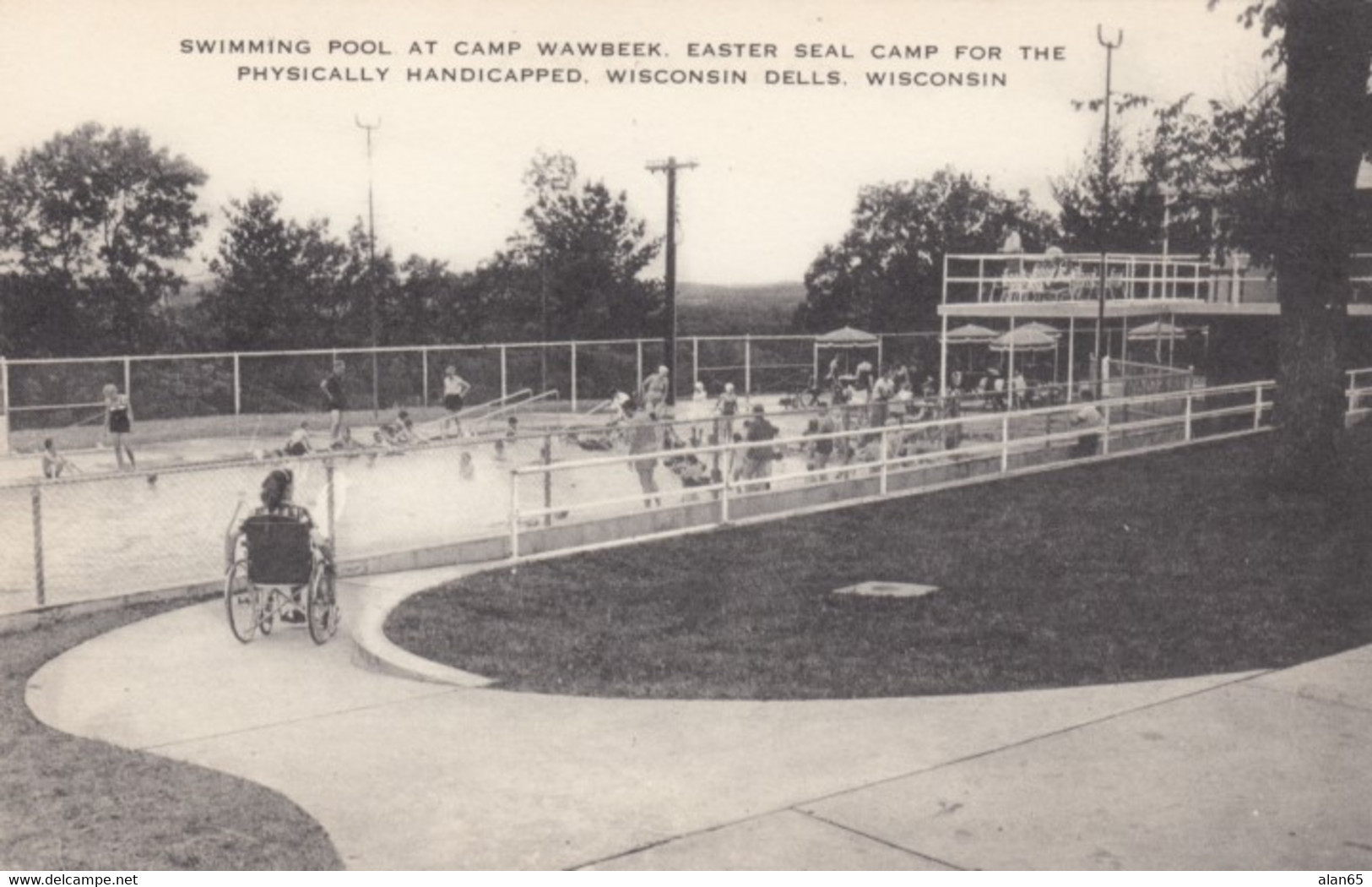 Wisconsin Dells WI, Swimming Pool At Camp Wawbeek Easter Seals Camp, Gilr In Wheel Chair, C1940s Vintage Postcard - Autres & Non Classés