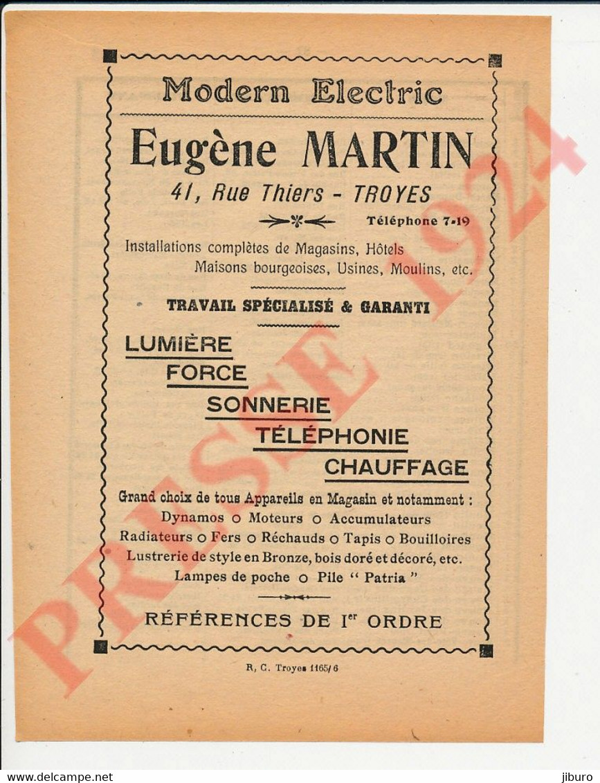 Publicité 1924 Modern Electric Eugène Martin 41 Rue Thiers Troyes 241/25 - Sin Clasificación