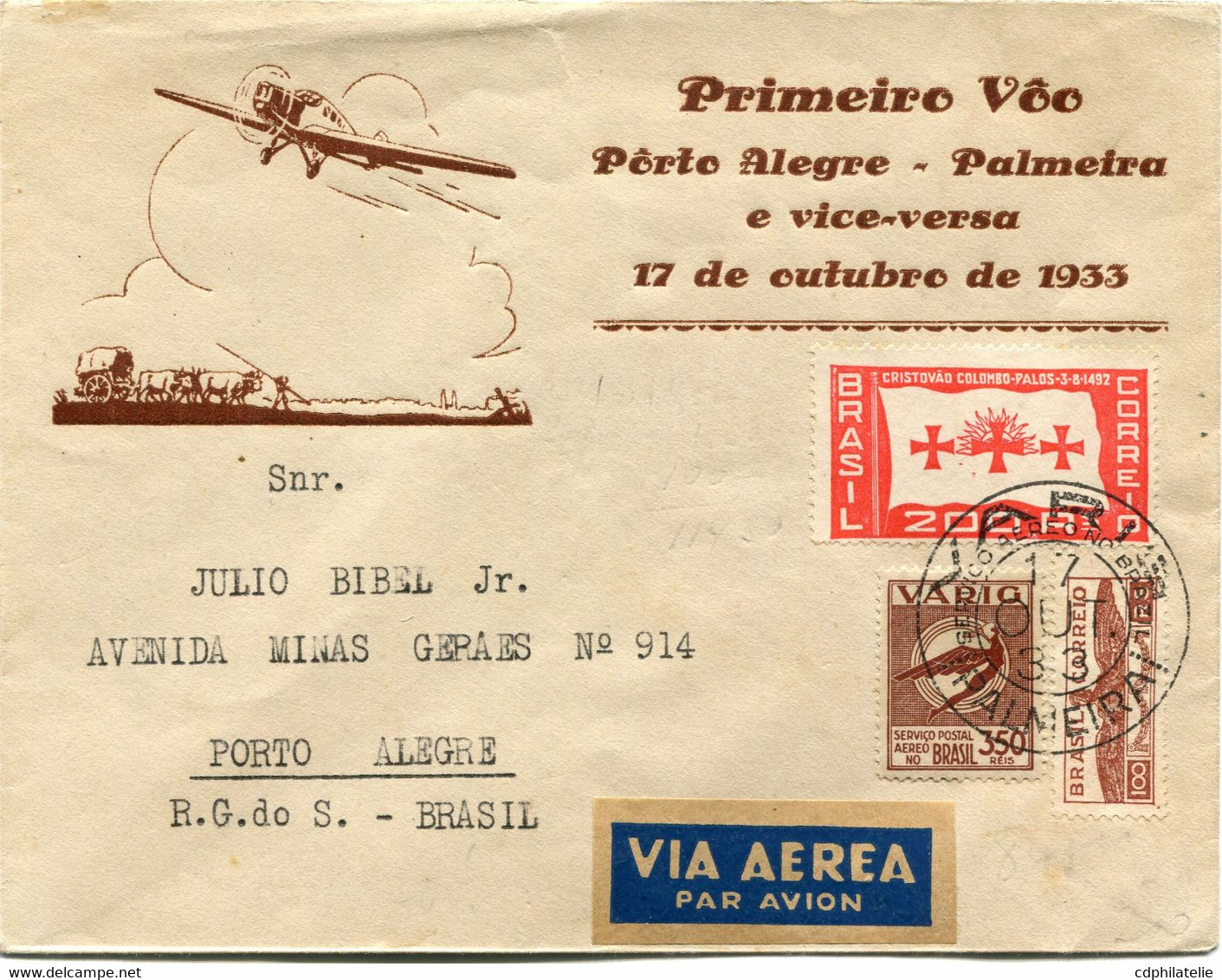 BRESIL LETTRE PRIMEIRO VOO PORTO ALEGRE - PALMEIRA E VICE-VERSA 17 DE OUTUBRO DE 1933 DEPART PALMEIRA 17 OUT 33......... - Luftpost (private Gesellschaften)