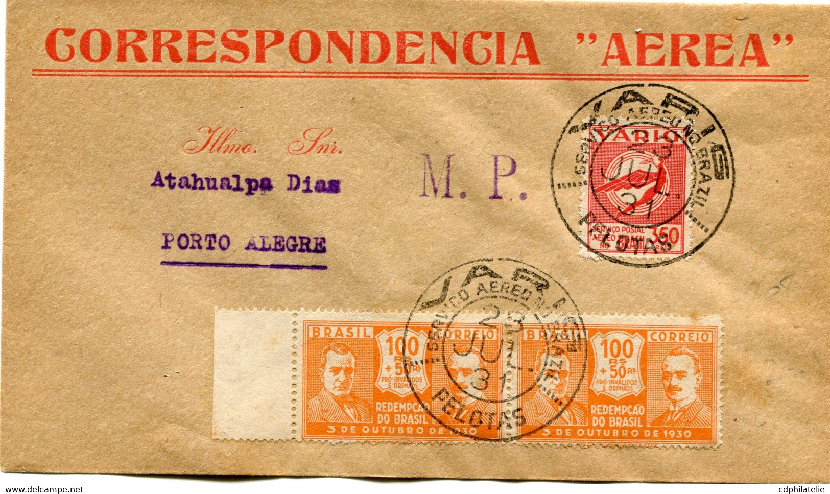 BRESIL LETTRE CORRESPONDENCIA " AEREA " DEPART VARIG SERVICO AEREO NO BRAZIL 23 JUL 31 PELOTAS POUR LE BRESIL - Poste Aérienne (Compagnies Privées)