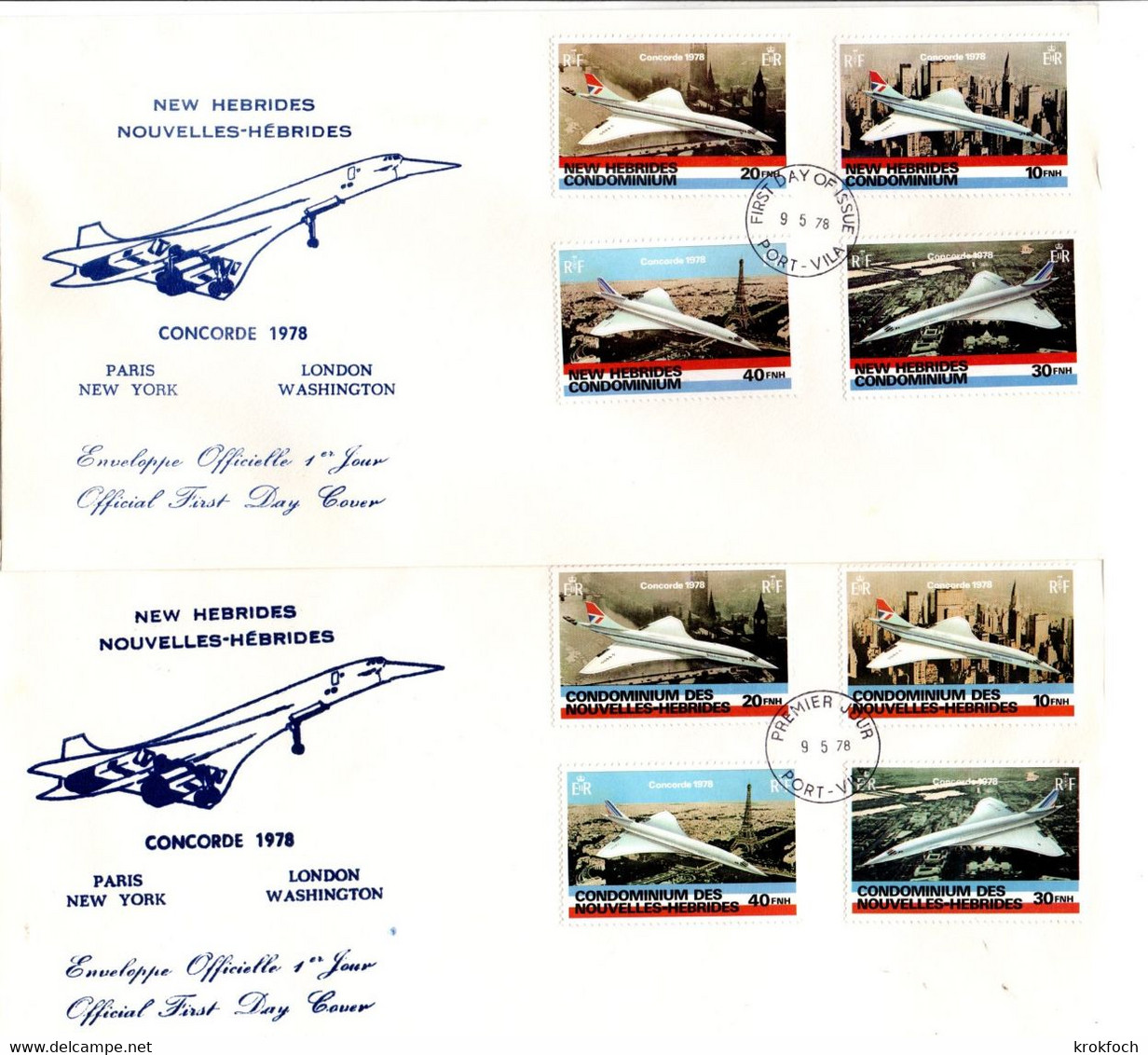 Concorde 1978 - 2 FDC Paris New York London Washington - émission Française Et Anglaise - Port-Vila - FDC