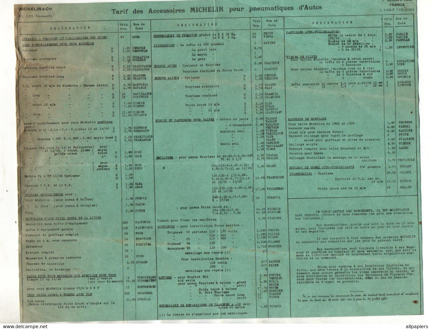 Tarif Des Accessoires Michelin Pour Pneumatiques D'Autos France 1 Er Octobre 1931 - Automovilismo