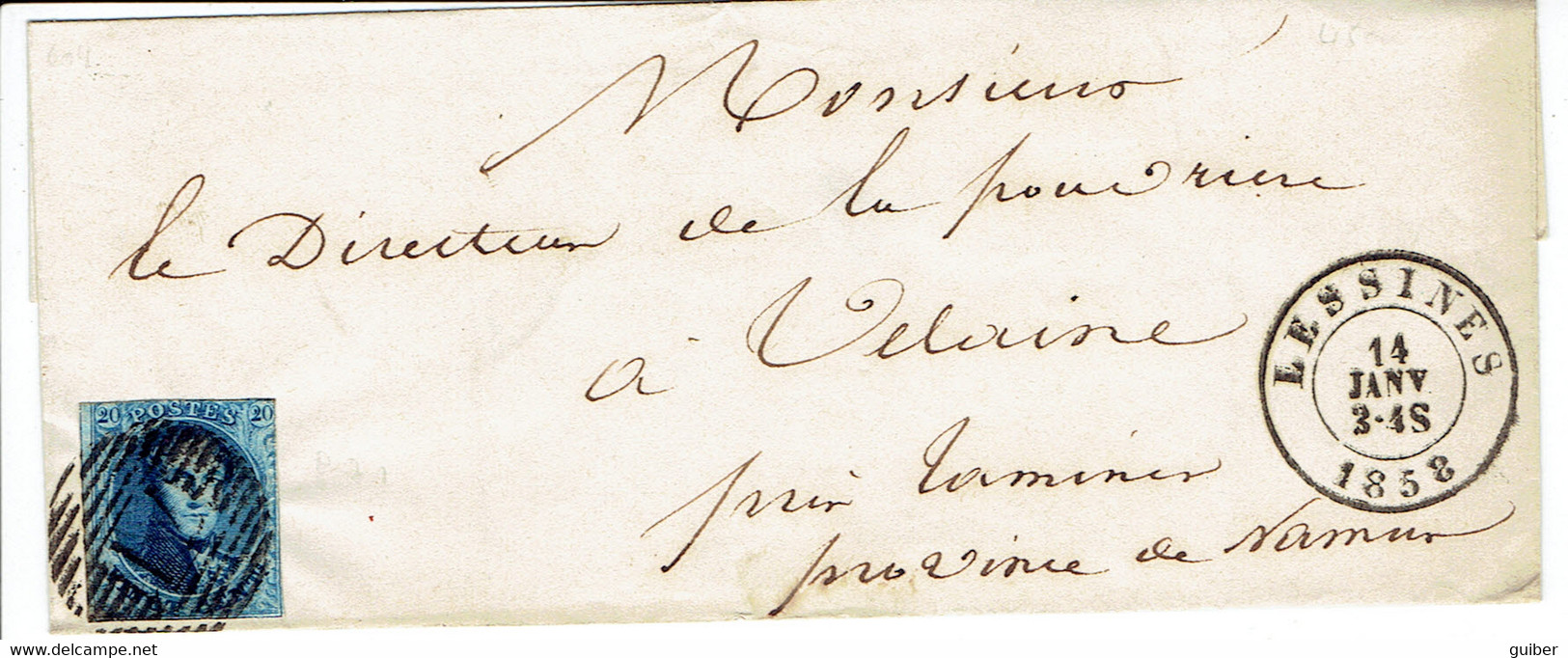 Lettre Médaillon 20C De Lessines 14/01/1858 Vers Velaine Par Tamines P71 Au Directeur De La Poudriere - Oblitérations à Barres: Perceptions