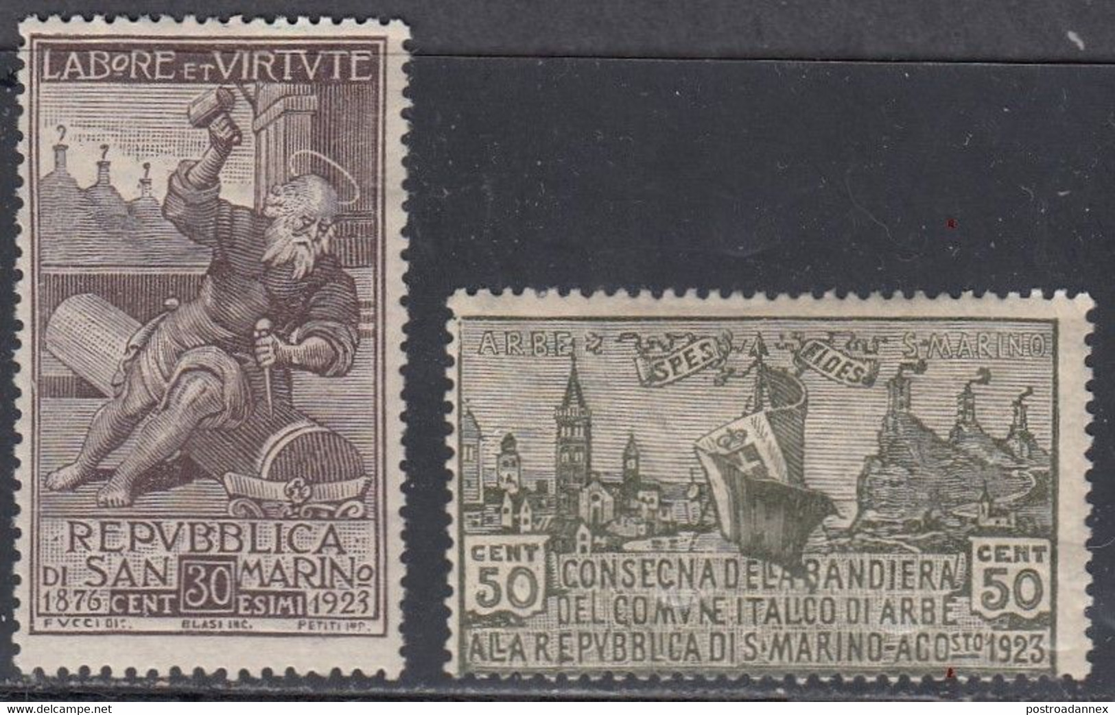 San Marino, Scott #81-82, Mint Hinged, St. Marinus, Italian Flag And Views Of Arbe And Mt Titano, Issued 1923 - Ungebraucht