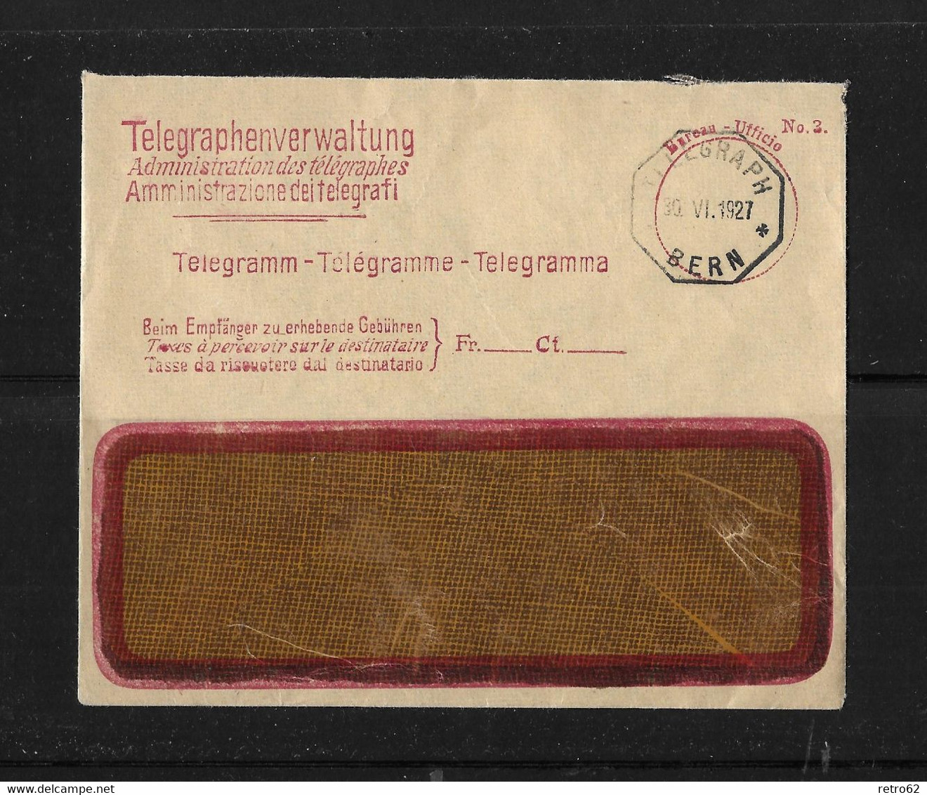 HEIMAT BERN → 1927 Umschlag Telegraphenverwaltung Bern    ►8 Eckiger Stempel Telegraph Bern - Télégraphe