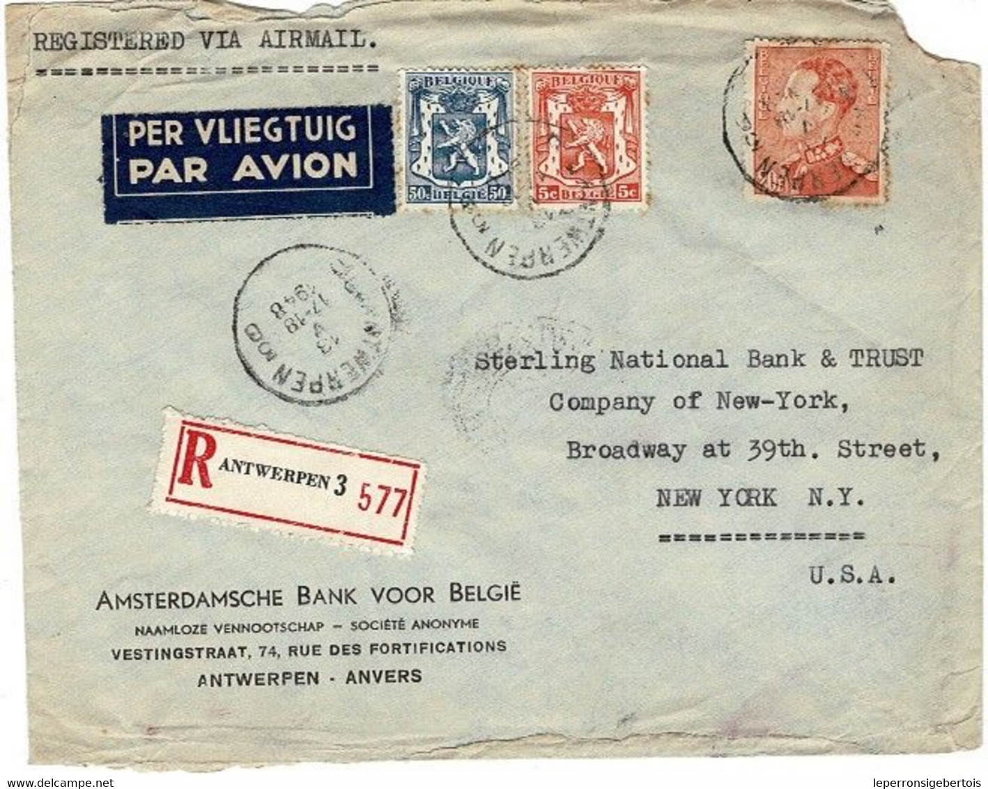 Lettre Recommandée De Antwerpen3 Vers Sterling National Bank & Trust NY -1948 Voir Scans - Enveloppes-lettres