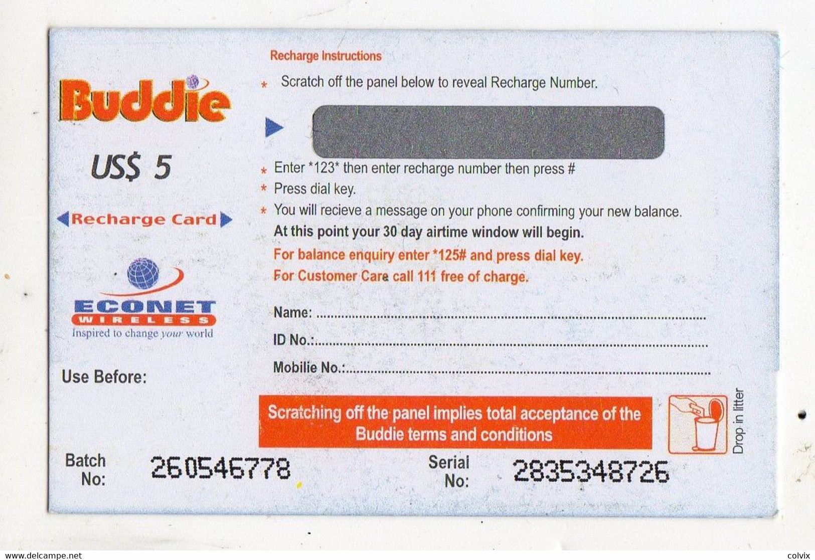 ZIMBABWE PREPAYEE 5$ BUDDIE ECONET NON GRATTE - Simbabwe