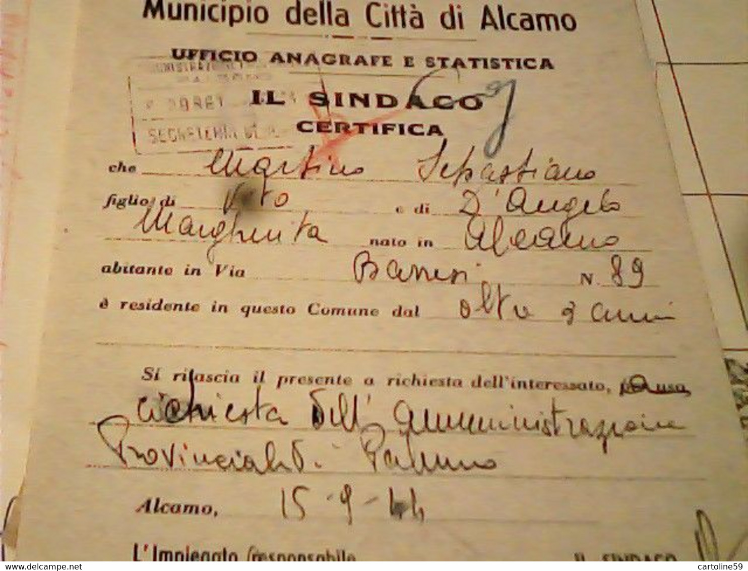 LETTTERA MUNICIPIO DI ALCAMO BUONI  DI PRELIEVO  B A  E H M P Ecc   15\09\1944 HX3568 - Trapani