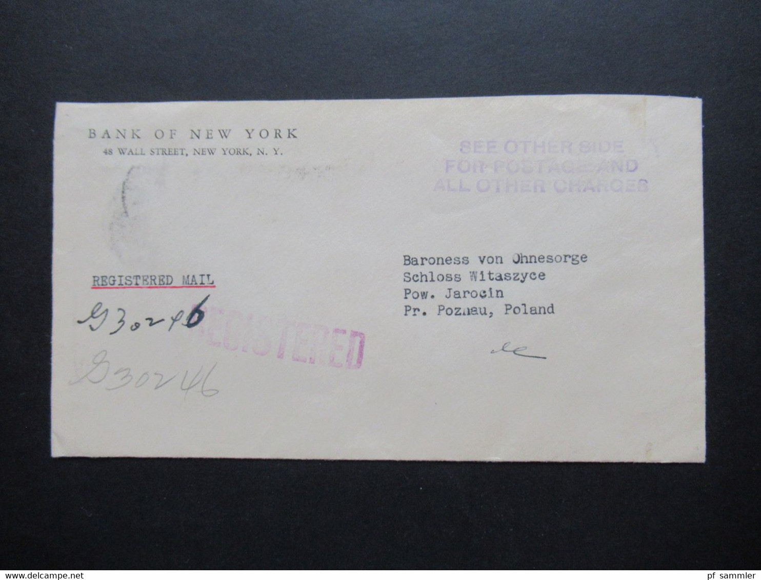 USA 1938 Registered Letter Bank Of New York Luftpost Nach Posen / Poznan An Baroness Von Ohnesorge Rücks. 9 Stempel - Briefe U. Dokumente