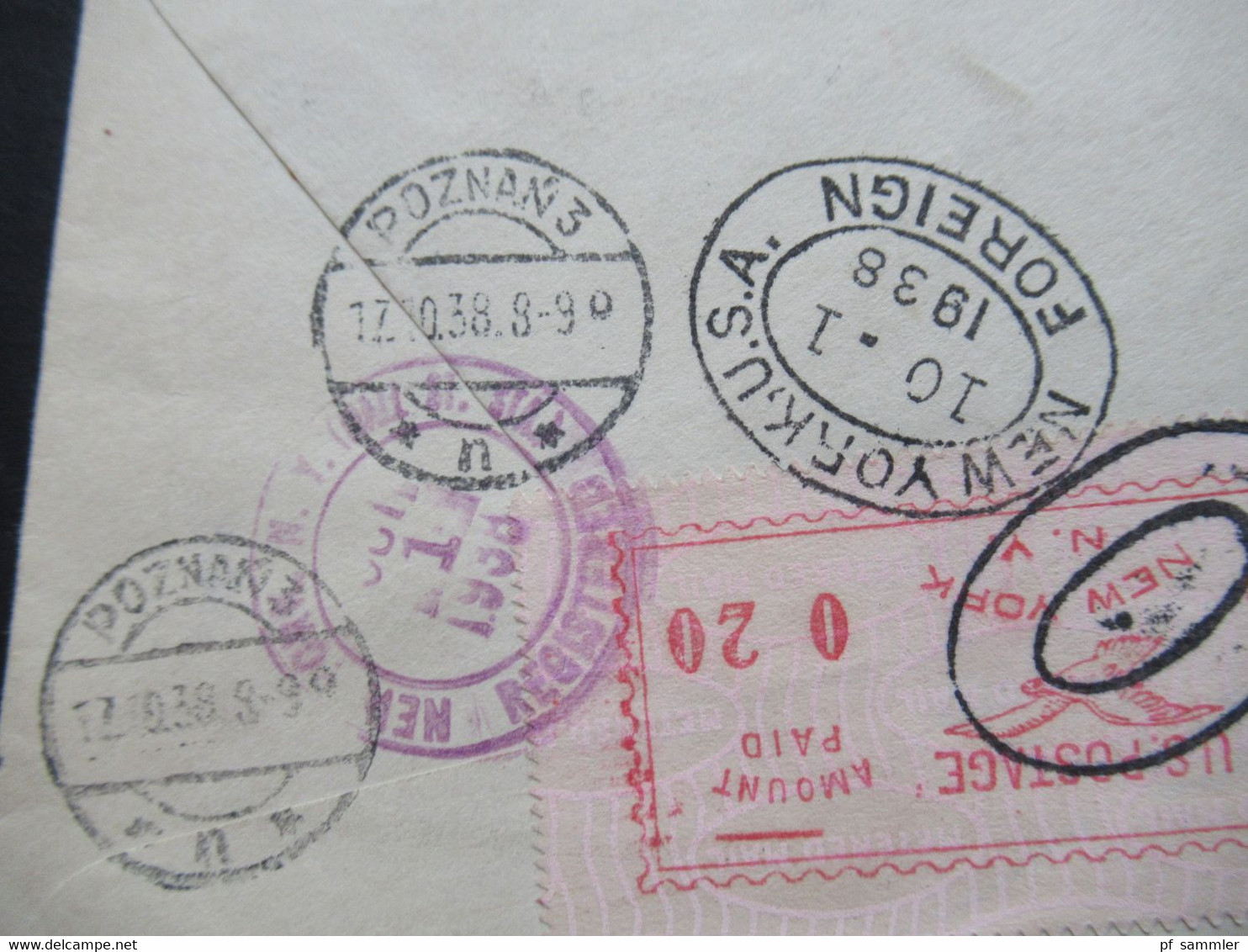 USA 1938 registered letter Bank of New York Luftpost nach Posen / Poznan an Baroness von Ohnesorge rücks. 9 Stempel