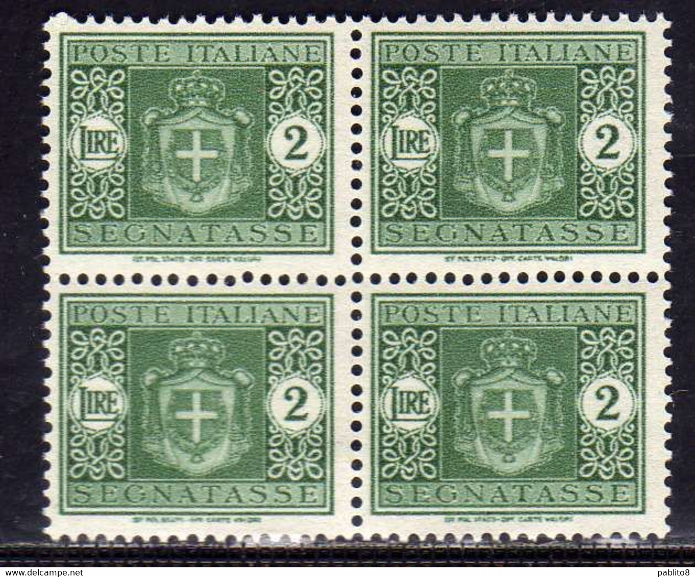 ITALY KINGDOM ITALIA REGNO 1945 LUOGOTENENZA SEGNATASSE DUE TASSE SENZA FILIGRANA UNWATERMARK MNH LIRE 2 QUARTINA BLOCK - Portomarken