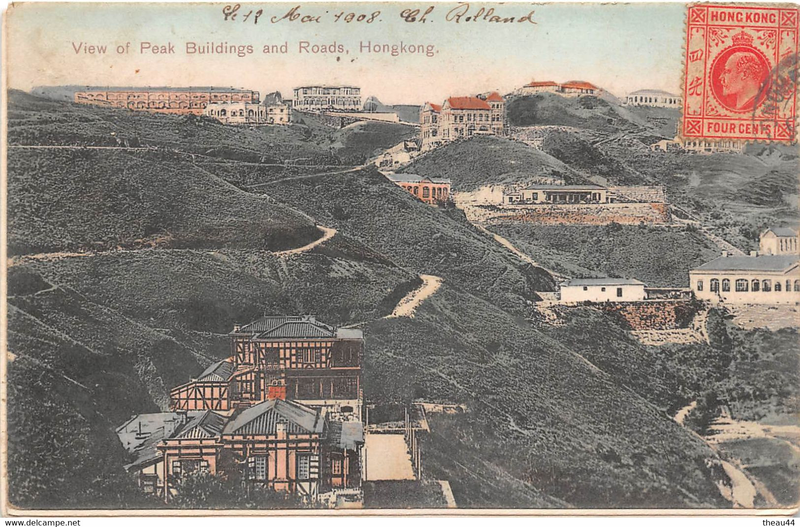 CHINE  -  HONG-KONG  - View Of Peak Builduing And Roads  - Oblitération En 1908 - Timbre - Décollée - China (Hongkong)