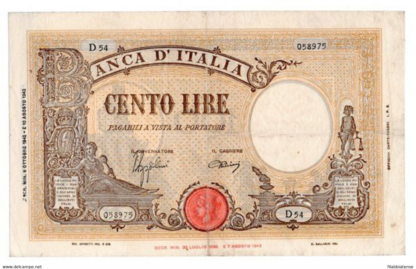 Italia - 100 Lire 1943 - Barbetti     ---- - 100 Lire