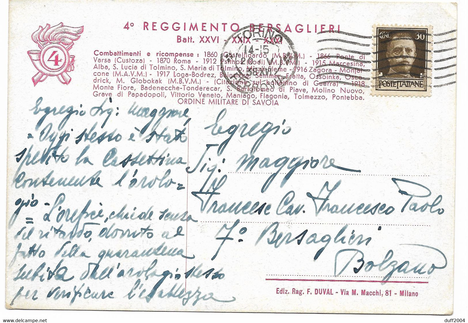 DA TORINO A BOLZANO - 20.5.1938 - 4° REGGIMENTO BERSAGLIERI. - Storia Postale