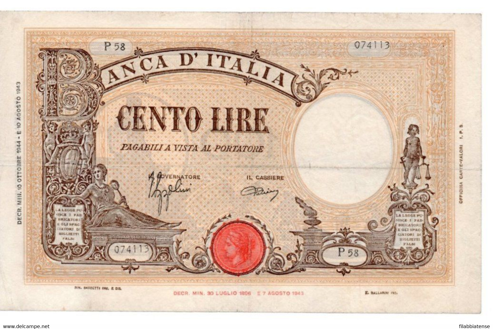 Italia - 100 Lire 1944 - Barbetti     ---- - 100 Lire