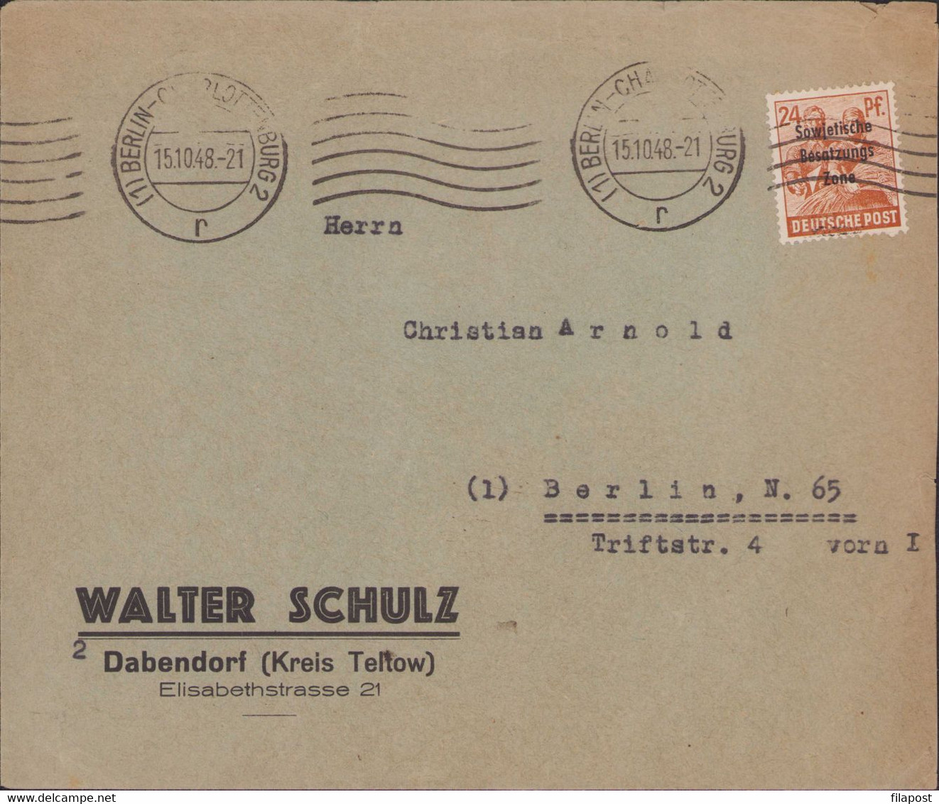 Germany Berlin 1948, Soviet Zone Cancel Mark, Walter Schulz Cover Letter P57 - Privatumschläge - Gebraucht