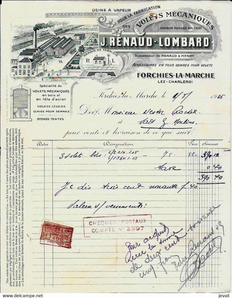 FORCHIES LA MARCHE  -  J. Renaud-Lombard    ( Usine à Vapeur Des Volets Mécaniques ) 1925 - Old Professions