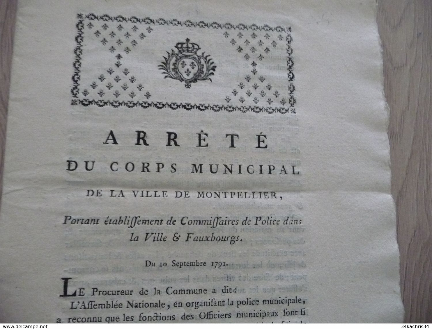 Montpellier Révolution 10/09/1791 Arrêté Du Corps Municipal établissement Commissaires De Police Dans Les Faubourgs - Gesetze & Erlasse