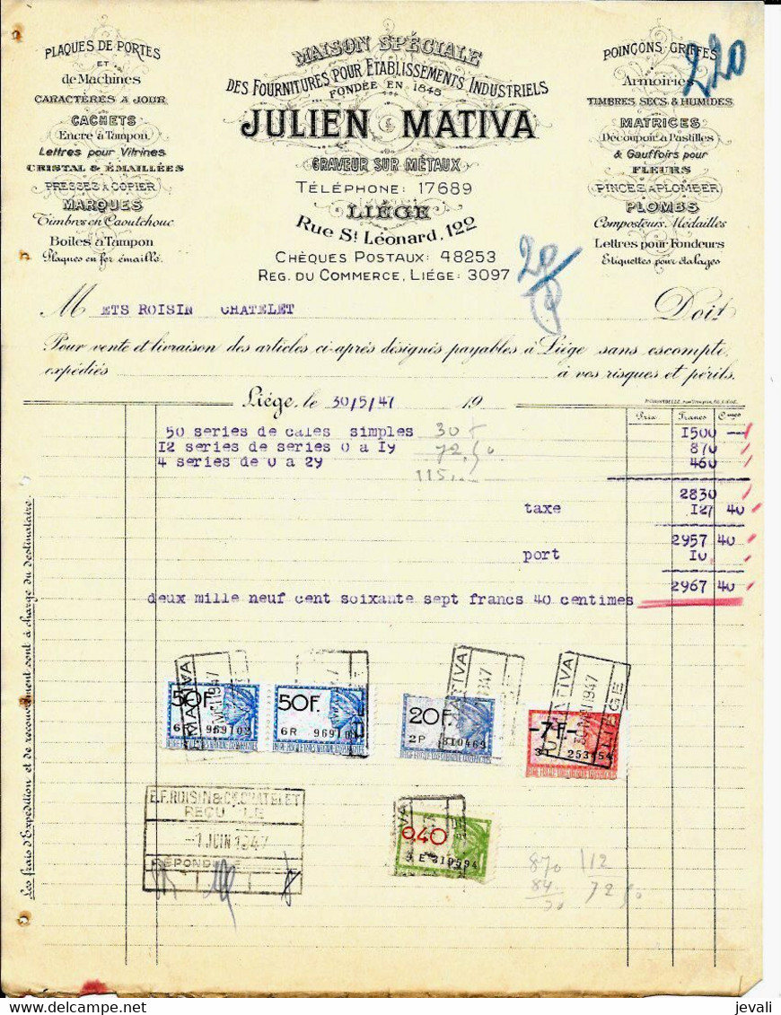 LIÈGE -  Julien Mativa  ( Fournitures Pour Ets Industriels)  1947 - Autres & Non Classés