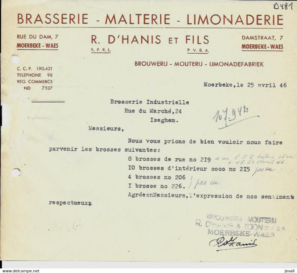 MOERBEKE - WAES  -  BRASSERIE , Malterie , Limonaderie  R . D'HANIS Et Fils  PVBA  1946 - Alimentos