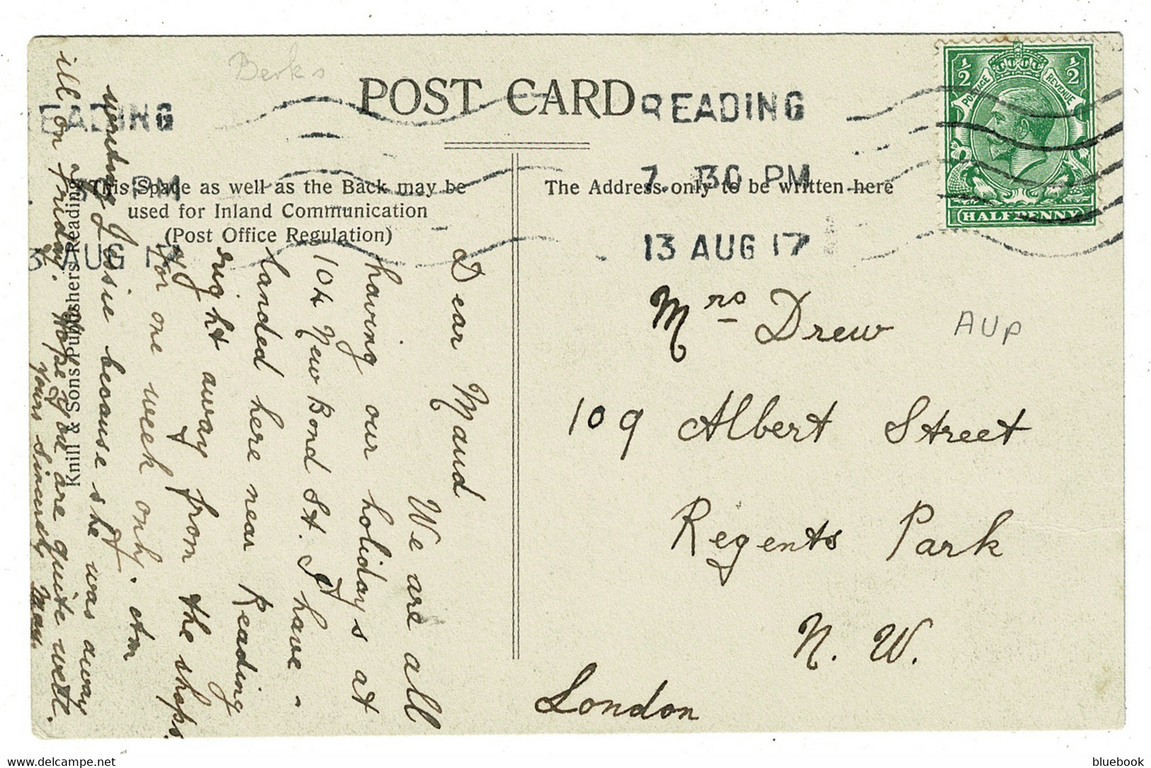 Ref 1457 - 1917 Postcard - St Peter's Church Caversham - Reading Krag Style Postmark - Berkshire - Reading