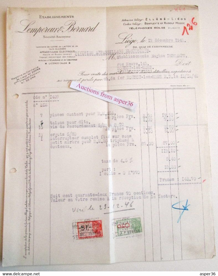 Appareillage Electrique, Ets Lempereur & Bernard, Quai De Coronmeuse, Liége 1946 - 1900 – 1949