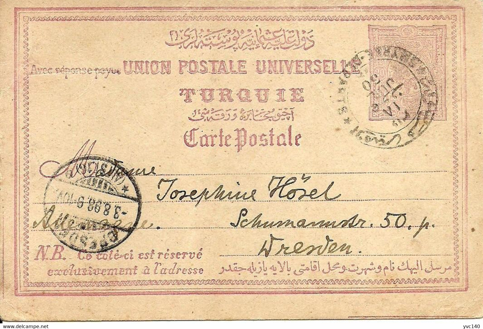 Turkey; Ottoman "Reply-Paid" Postal Stationery Sent From Smyrne (Izmir) To Dresden (Message Part) - Covers & Documents