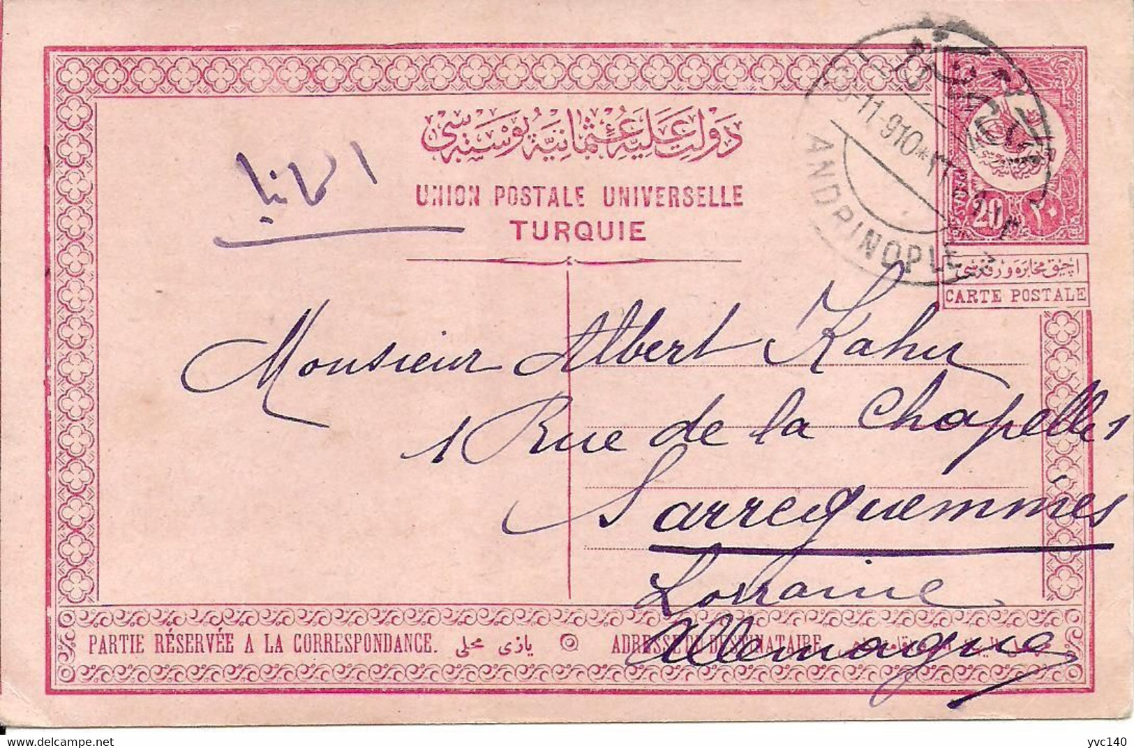 Turkey; 1910 Ottoman Postal Stationery Sent To Loraine From Andrinople (Edirne) - Covers & Documents