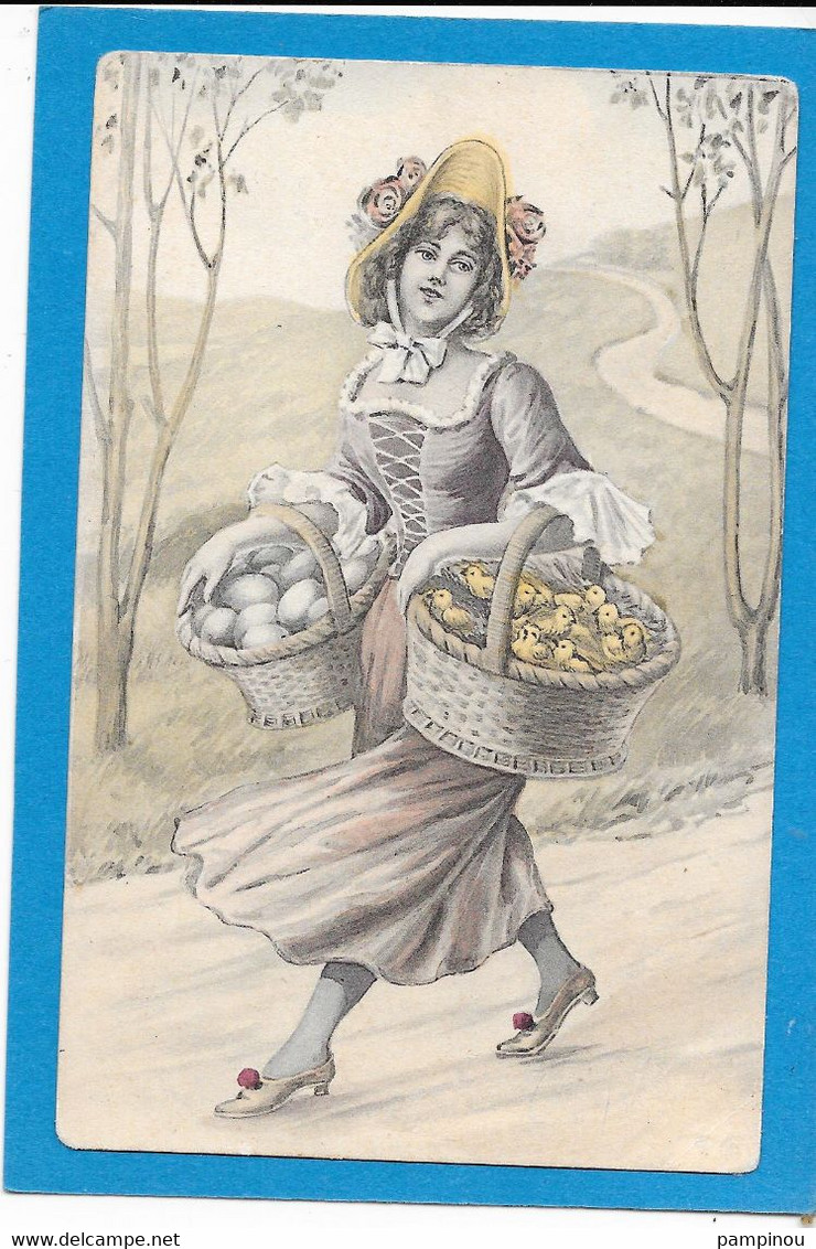 Illustration - Jolie Femme Se Promenant Aves Deux Paniers D'oeufs Et Poussins - Women