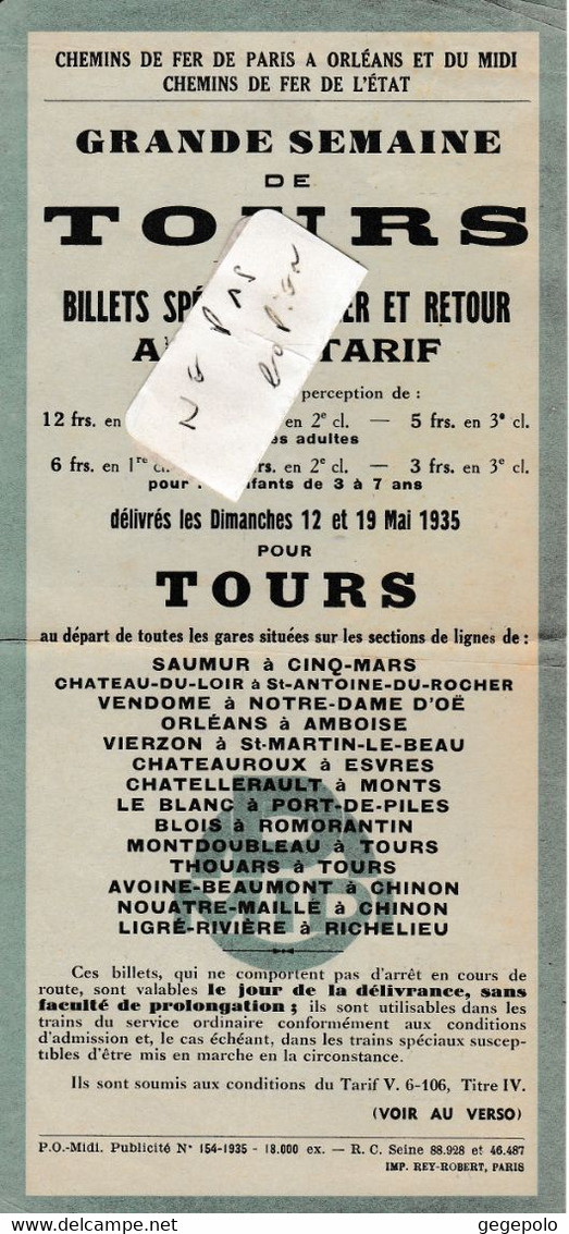 37 - TOURS -  Grande Semaine De Tours Du 12 Et 19 Mai 1935  -  Format 22,5 Cm X 10,5 Cm - Transportmiddelen