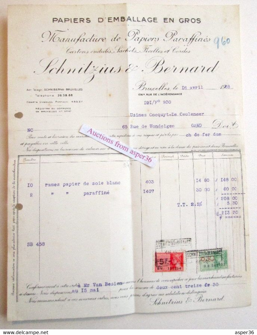 Papiers D'emballage En Gros, Schnitzius & Bernard, Rue De L'Indépendance, Bruxelles 1938 - 1900 – 1949
