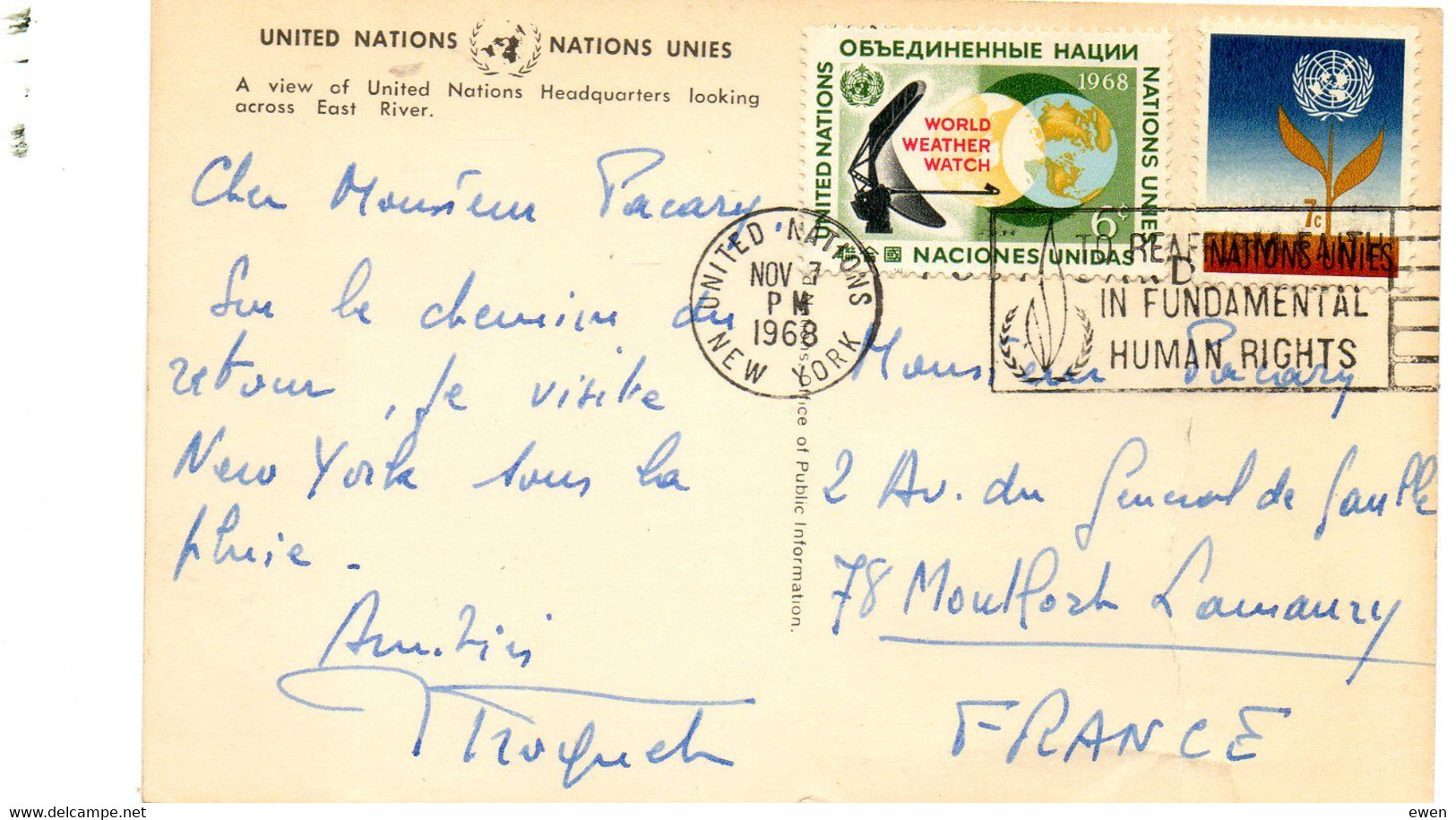 United Nations. Nations Unies. TP N° 122 Et 182 Sur Carte Pour La France 1956. - Brieven En Documenten