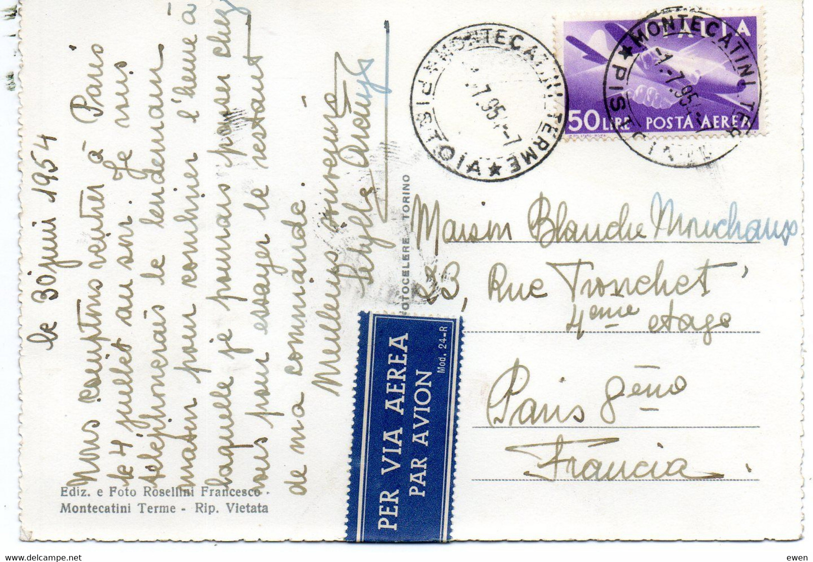 Italie. Timbre Poste Aérienne N° 121 Sur Carte Postale Vers La France. Via Aerea. - Airmail